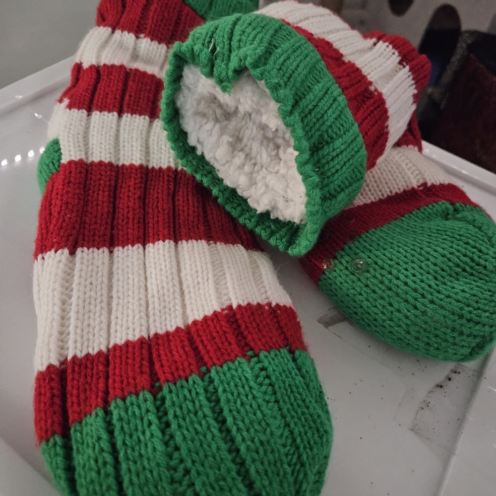 Christmas sock slippers green red white fluffy inside slipper elf Santa Clause